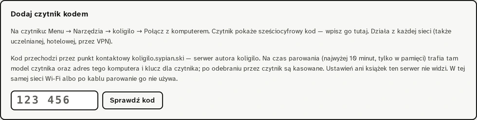 Zrzut panelu: karta Dodaj czytnik kodem z opisem punktu kontaktowego i polem na sześciocyfrowy kod
